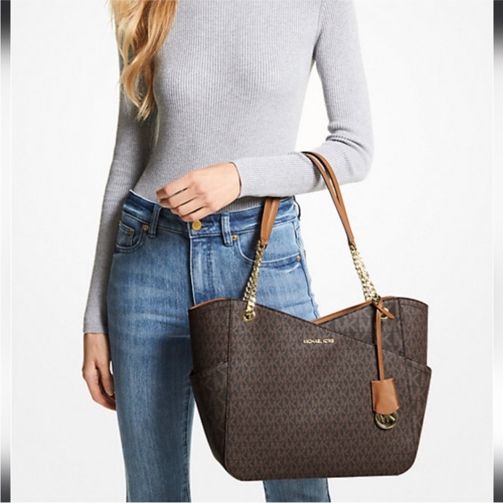 NWT Michael Kors Bag Jet Set Travel Large Chain Shoulder Tote Brown Gold Accents - Picture 8 of 16